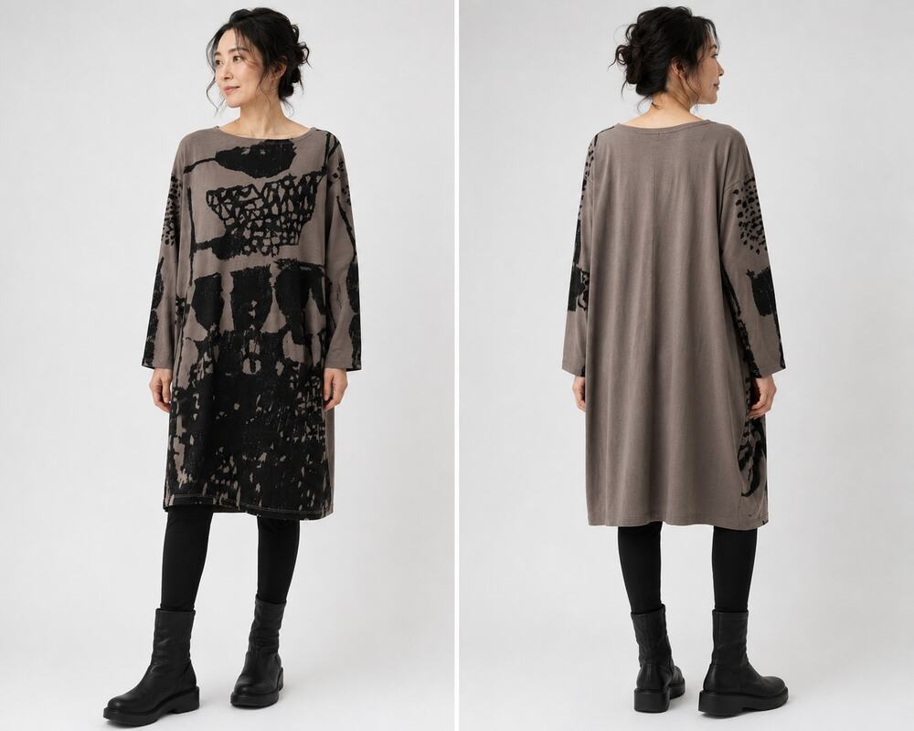 Moyuru Abstract Print Oversized Cotton Tunic Dress Gray Black Estimate L-XL